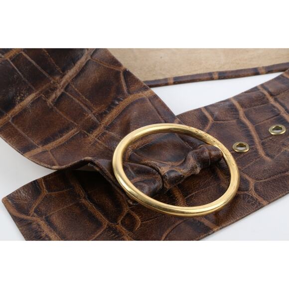 Vintage Croco Print Leather Belt Brown Wide Gold Round Buckle Size S main image 7